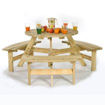 Balint Timber Picnic Table Round With Benches In Green Pine