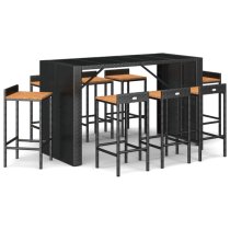 Elita Solid Wood 9 Piece Garden Bar Set In Black Poly Rattan