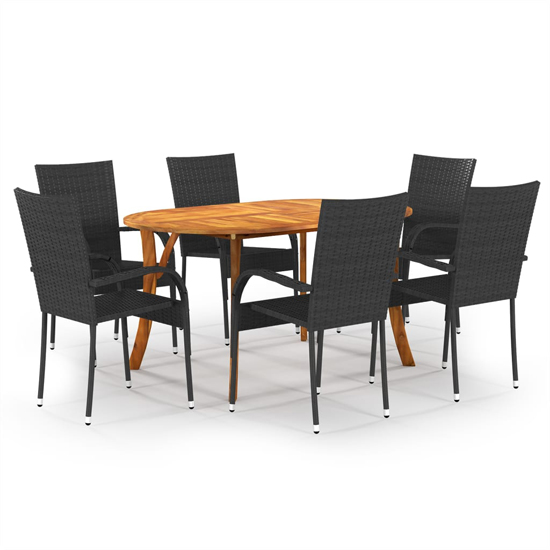 Sedalia Wooden Rattan 7 Piece Garden Dining Set In Black