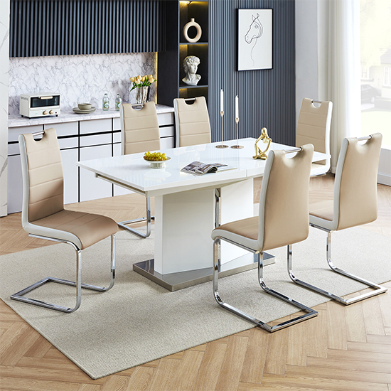 Belmonte White Dining Table Large 6 Petra Taupe White Chairs