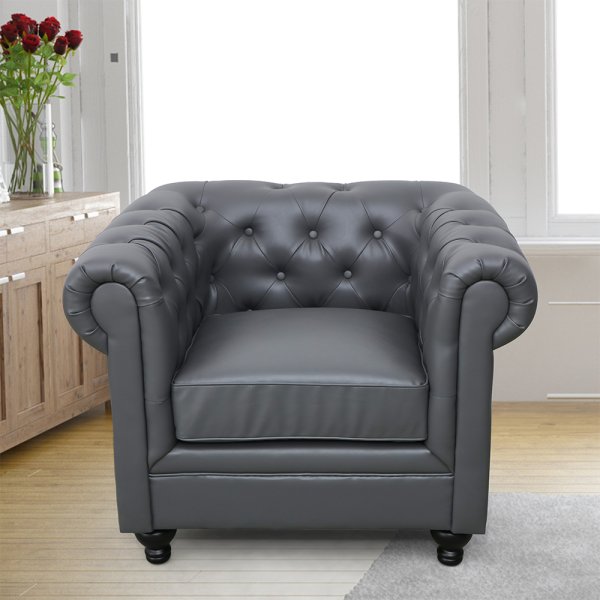 Hertford Chesterfield Faux Leather 1 Seater Sofa In Dark Grey