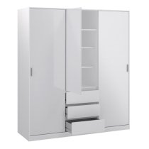 Nakou High Gloss Sliding Wardrobe 3 Doors 3 Drawers In White