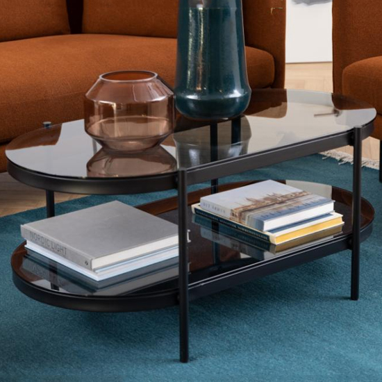 Baryon Smoked Glass Coffee Table Oval With Black Metal Frame