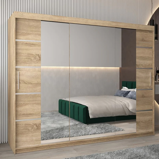 Vevey III Mirrored Wardrobe 3 Sliding Doors 250cm In Sonoma Oak