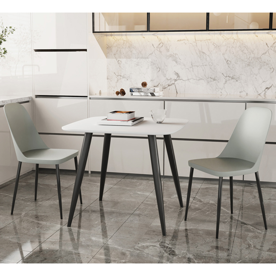 Arta Square White Wooden Dining Table 2 Curve Plastic Grey Chairs