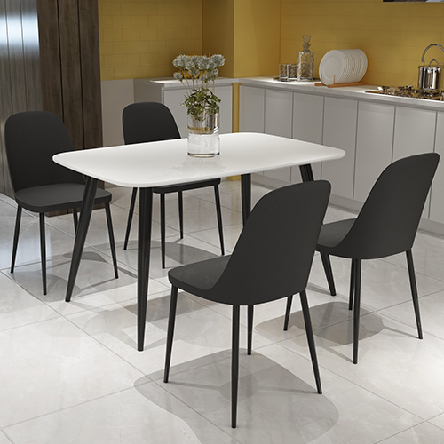 Arta White Wooden Dining Table 4 Curve Plastic Black Chairs