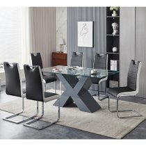 Zanti Glass Dining Table In Grey Base 6 Petra Grey White Chairs