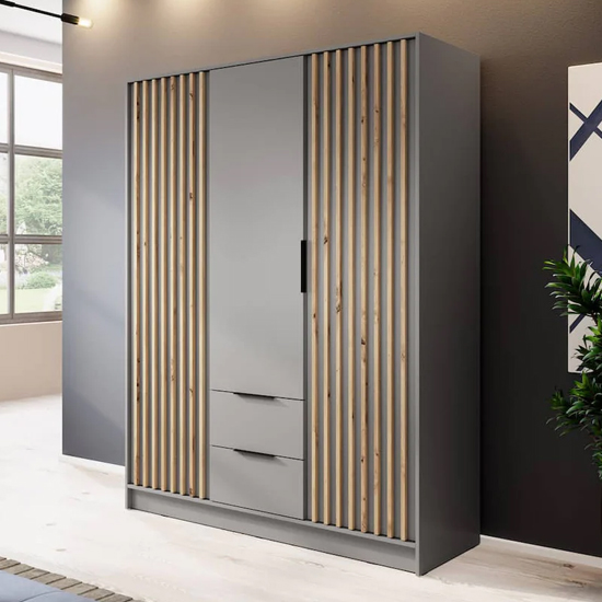 Newport Wooden Wardrobe With 3 Hinged Doors 155cm In Grey