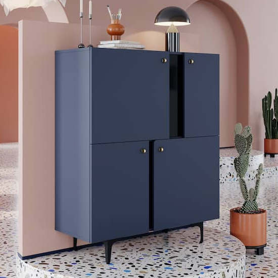 Merill Wooden Highboard With 4 Doors In Navy