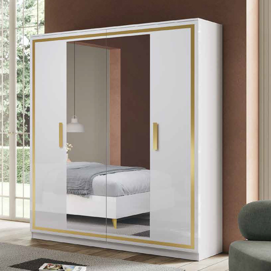 Geneva High Gloss Mirrored Wardrobe 4 Doors In White And Gold