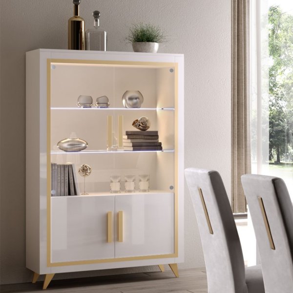 Geneva Gloss Display Cabinet 2 Doors In White And Gold With LED