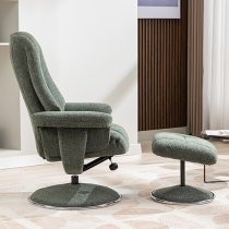 Dollis Fabric Swivel Recliner Chair And Stool In Chacha Fern