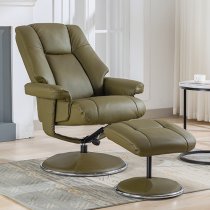 Dollis Leather Match Swivel Recliner Chair And Stool In Green