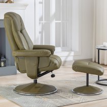 Dollis Leather Match Swivel Recliner Chair And Stool In Green