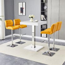 Topaz White High Gloss Bar Table With 4 Candid Curry Stools