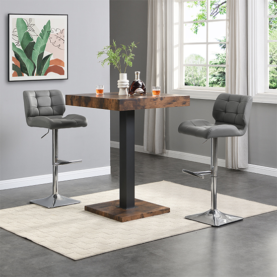 Topaz Rustic Oak Wooden Bar Table With 2 Candid Grey Stools