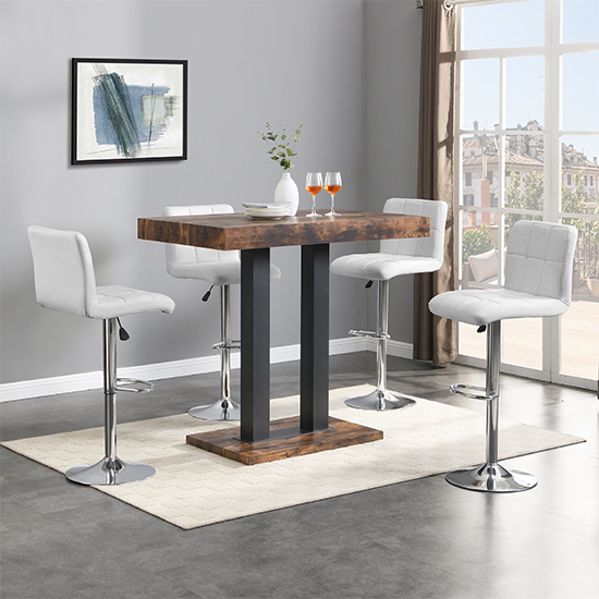 Caprice Small Rustic Oak Wooden Bar Table 4 Coco White Stools