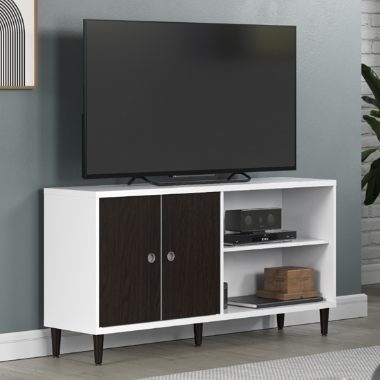 Elko Wooden TV Stand With 2 Dark Brown Doors In Matt White