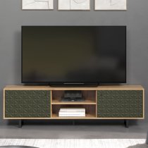 Sion Wooden TV Stand With 2 Dark Green Doors In Artisan Oak