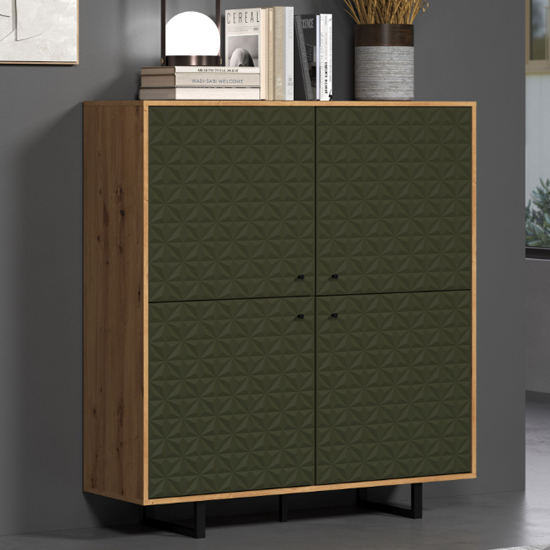 Sion Wooden Highboard With 4 Dark Green Doors In Artisan Oak