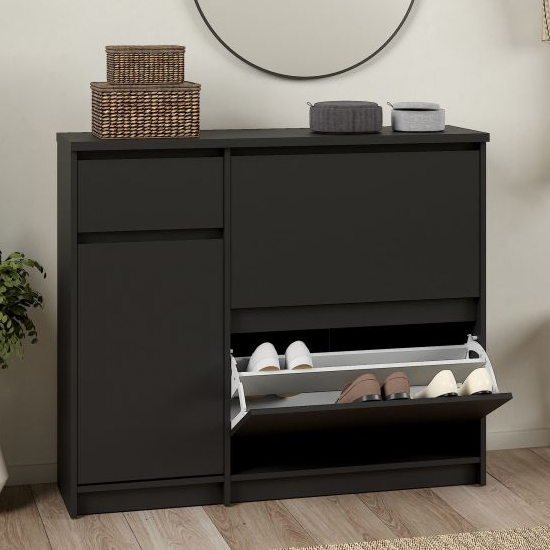 Nakou Shoe Storage Cabinet With 3 Doors 1 Drawer In Matt Black