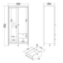 Macron Mirrored Wooden Wardrobe 2 Doors 2 Drawers In Black