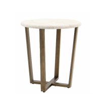 Malang Wooden Side Table Round In Travertine Marble Effect