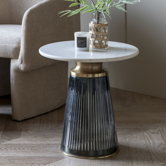 Salinas White Marble Top Side Table Round In Blue