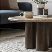 Tartu Marble Coffee Table In Travertine With Dark Wood Base