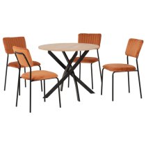 Sanur Sonoma Oak Dining Table Round With 4 Orange Velvet Chairs