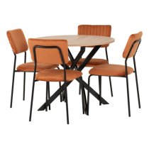 Sanur Sonoma Oak Dining Table Round With 4 Orange Velvet Chairs