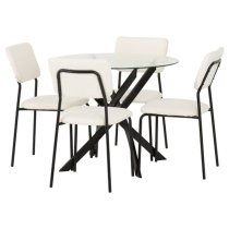 Sanur Clear Glass Dining Table Round With 4 Ivory Fabric Chairs