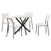 Sanur Clear Glass Dining Table Round With 4 Ivory Fabric Chairs