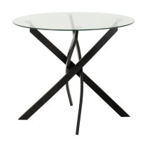 Sanur Clear Glass Dining Table Round With 4 Grey Fabric Chairs