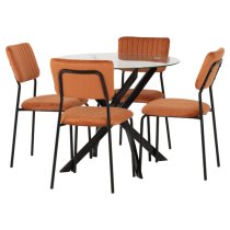 Sanur Clear Glass Dining Table Round With 4 Orange Velvet Chairs