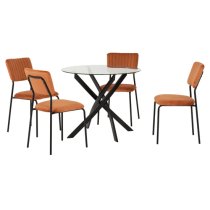 Sanur Clear Glass Dining Table Round With 4 Orange Velvet Chairs