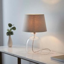 Lecce Cici Grey Fabric Shade Table Lamp With Clear Glass Base