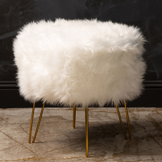 Biloxi Faux Fur Ottoman Stool In White With Gold Legs