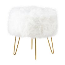 Biloxi Faux Fur Ottoman Stool In White With Gold Legs