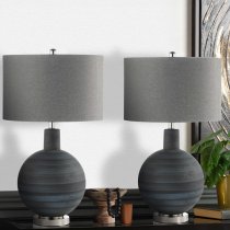 Pesaro Grey Linen Shade Table Lamp With Stripe Glass Base