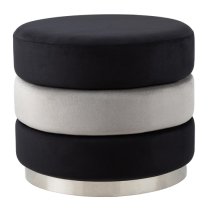 Halle Fabric Round Ottoman In Black And Grey With Chrome Base