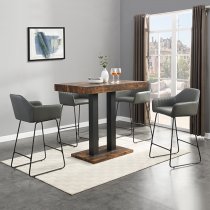 Caprice Rustic Oak Wooden Bar Table With 4 Brooks Grey Stools