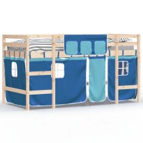 Messina Kids Pinewood Loft Bed In Natural With Blue Curtains