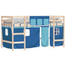 Messina Kids Pinewood Loft Bed In Natural With Blue Curtains