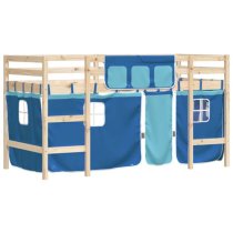 Messina Kids Pinewood Loft Bed In Natural With Blue Curtains