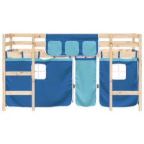 Messina Kids Pinewood Loft Bed In Natural With Blue Curtains