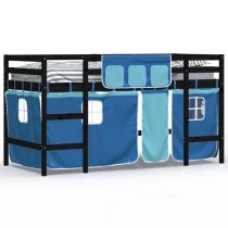 Messina Kids Pinewood Loft Bed In Black With Blue Curtains