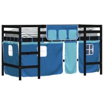 Messina Kids Pinewood Loft Bed In Black With Blue Curtains