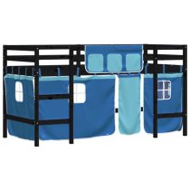 Messina Kids Pinewood Loft Bed In Black With Blue Curtains