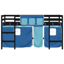 Messina Kids Pinewood Loft Bed In Black With Blue Curtains